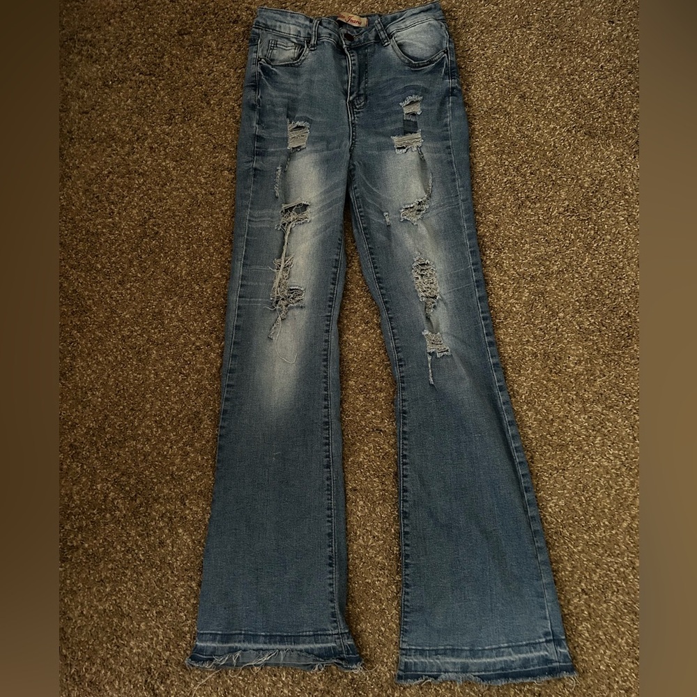 Blue Flare Wide Leg Jeans with Distressed Details